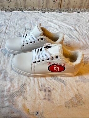 Amazon White Faux-Fur Lined Athletic Sneakers with Red Accent
